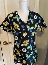 NEW Ladies Small Scrub Top Black w/Butterflies  Daisies V-Neck 2 Front Pockets