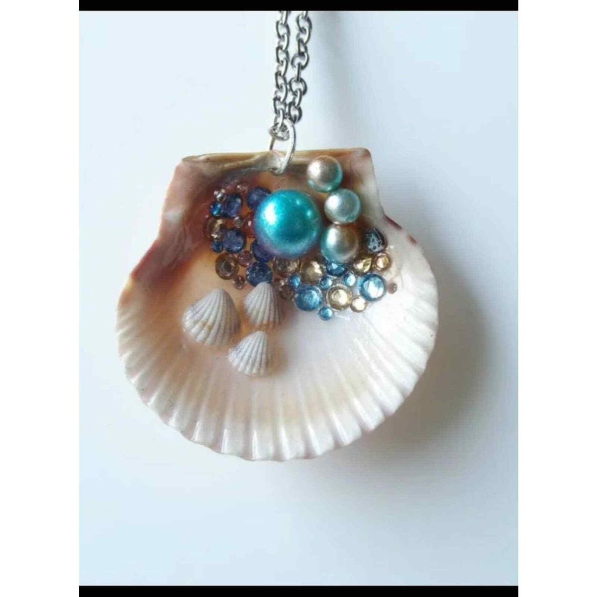 Blue Tan Scallop Sea Shell Necklace mini shells pearls jewel