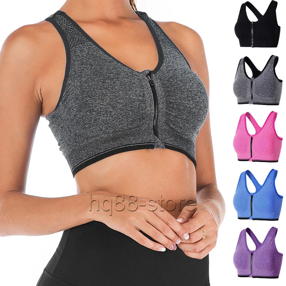 Women Wireless Padded Sports Bra Front Zip Yoga Cami Push Up Vest