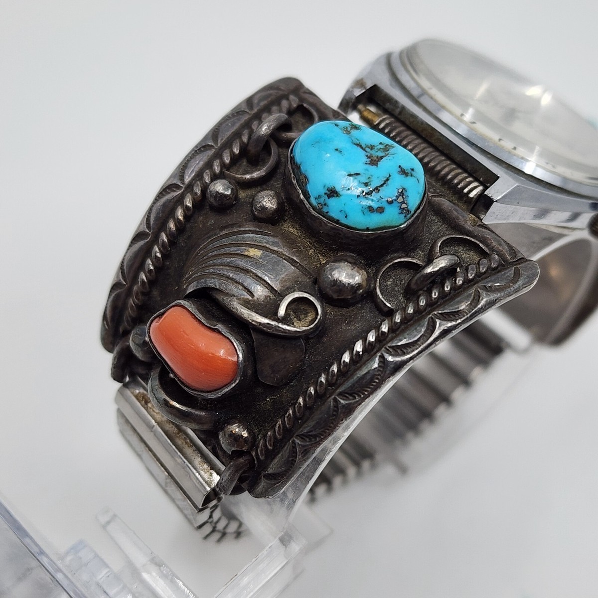 Signed Navajo Sterling Silver Turquoise & Coral Watch Tips W