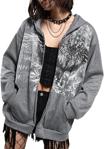 Karwuiio Women Men Zip Up Hoodie Y2k Vintage Graphic Oversized X-Large, Gray