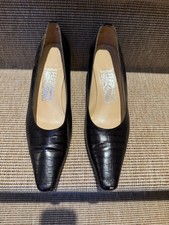 Ferragamo Black leather embossed heels pumps preowned exc size 9 B