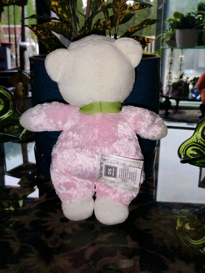 Carters Oso Blanco Rosa Peludo Verde Cinta Arco Peluche Bebé Sonajero Lovey Juguete (G Foto 2 de 4