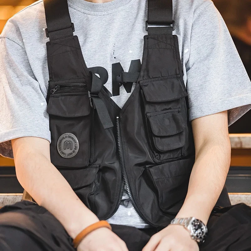 Maden Men Multi-pocket Vest Jacket & Bag Retro Waistcoat Wide Shoulder Strap