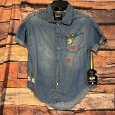 NWT Justice Pac-Man Denim Shirt Girls Medium 10 Ghost Fruit Chambray Raw Hem New