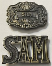Lot of 2 Vintage Brass Belt Buckles With The Name SAM Gold  Brass Tone 1970s
