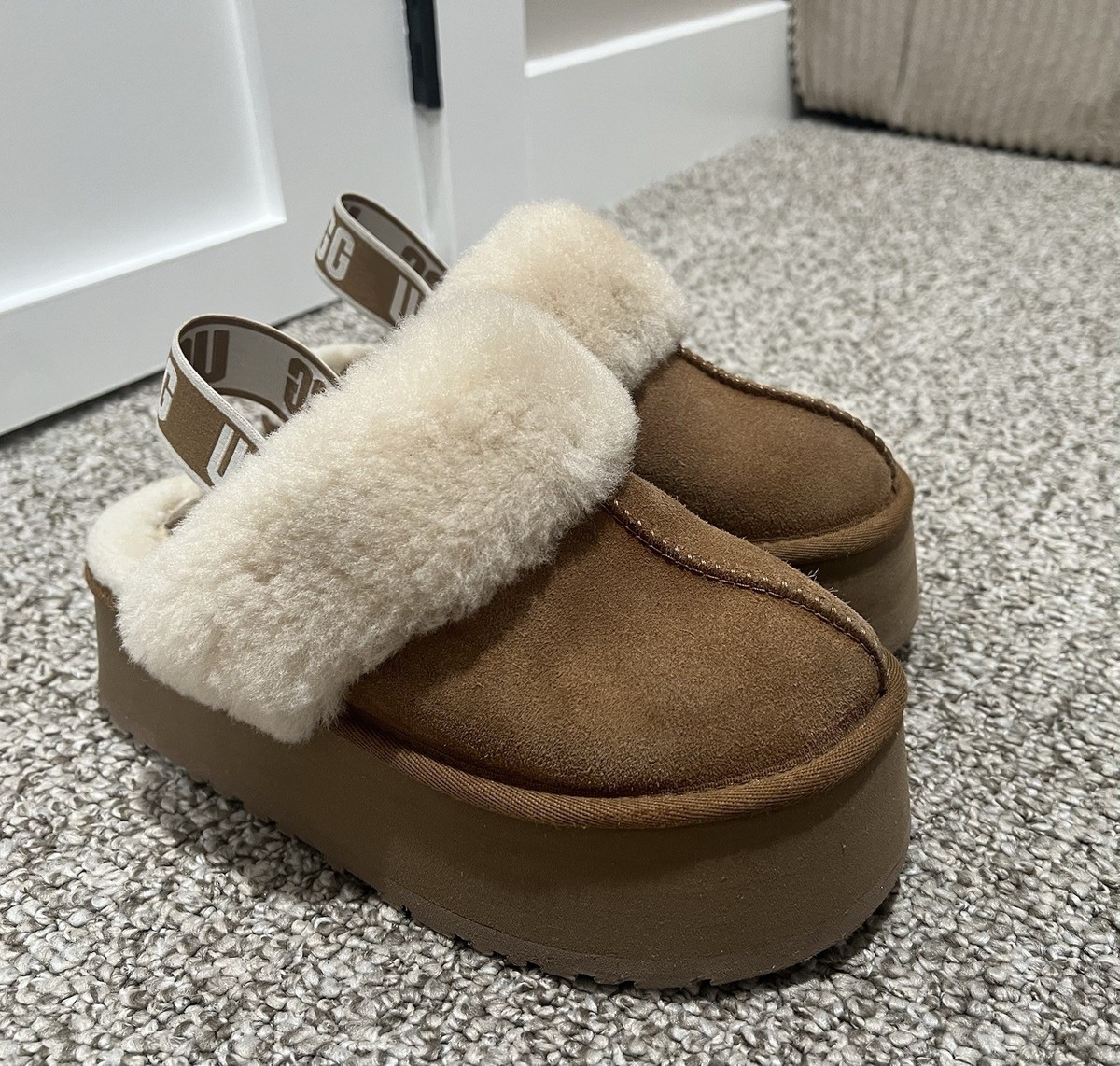 Ugg Funkette Slipper Womens Platform Slingback Size 7 Chestnut