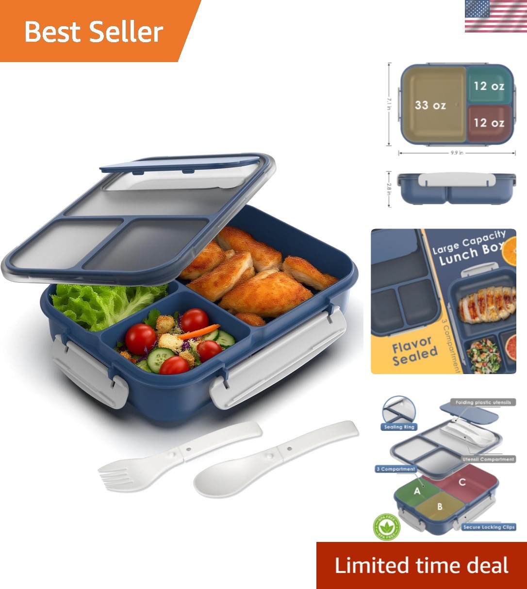 For Adult, 1700ml 3 Compartments Lunch Box With Uten...