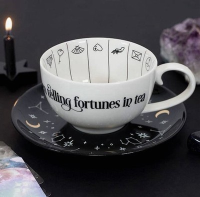 Wahrsagende schwarze Keramik Teetasse & Untertasse - Teeblatt Lesetasse - Geschenk verpackt