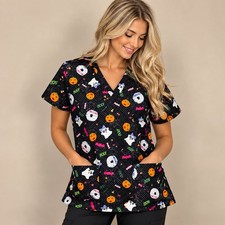 Betsey Johnson 3X Halloween Scrub Top Ghost Pumpkin Mummy Bat Spiderweb Boo