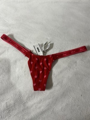 NWT Victoria's Secret PINK V-String Panty Red Heart Print Logo Waistband Small