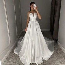 Simple Strapless Wedding Gown for Women Aline Satin Pleat Sleeveless Sweep Train
