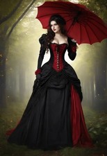 Vintage Victorian Black And Red Wedding Dress With Jacket Long Sleeves Corset