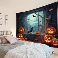 Pumpkin Scary Black Crow Spooky Halloween Tapestry for Bedroom Living Room Dorm