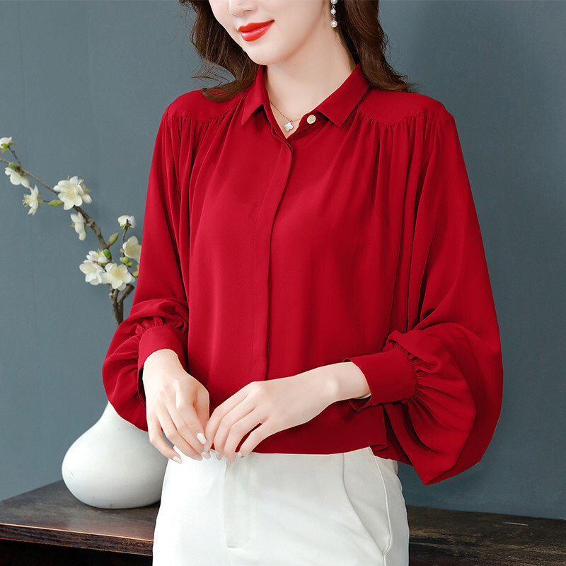 Fall Women's Puff Sleeve Chiffon Casual Loose Solid Button Down Shirt Blouse Top