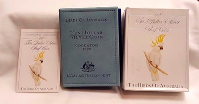 1990 $10 White Cockatoo ex Bird Series Set Silver Proof Coin Australia