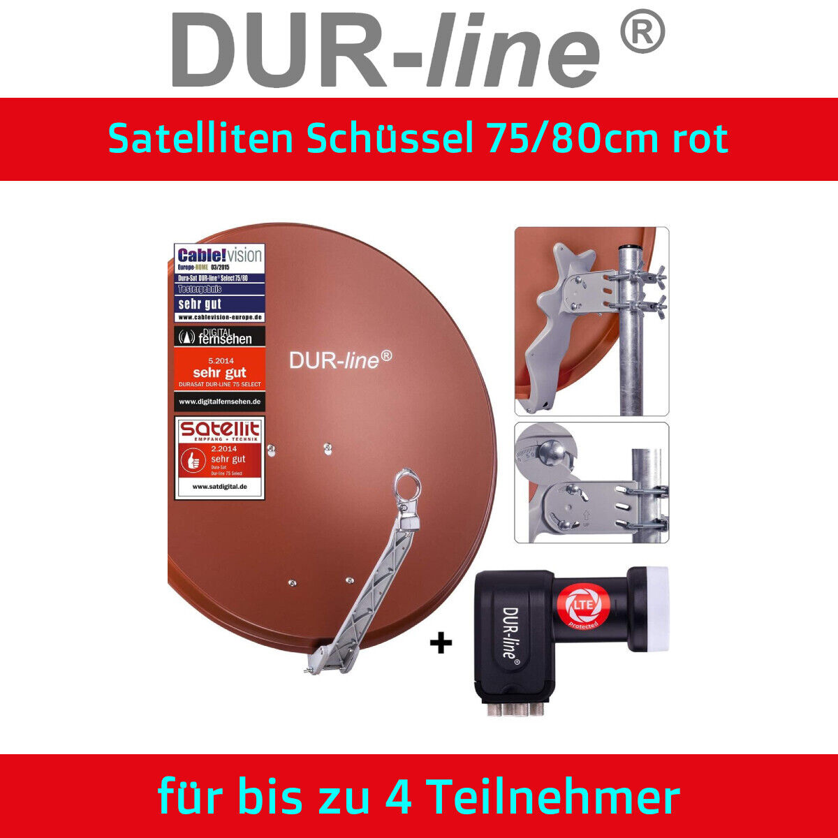 Sat Komplettanlage Profi Alu 4 Teilnehmer 75cm/80cm rot Quad LNB DUR-line