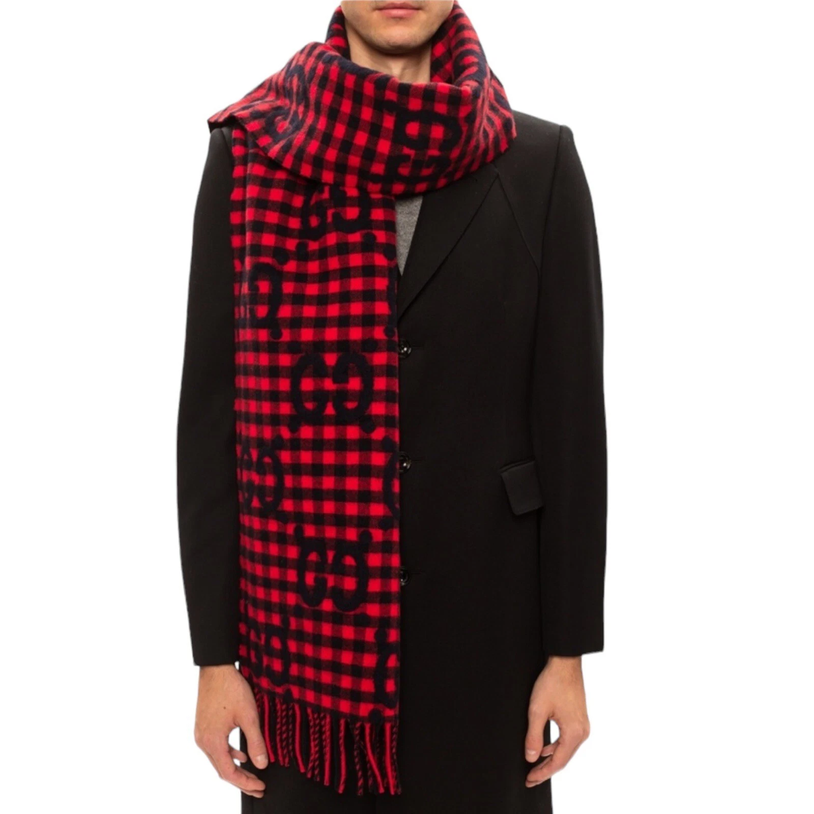 NEUF Gucci Diamcheck GG Logo Monogramme Laine Jacquard Écharpe Rouge Noir Homme 94