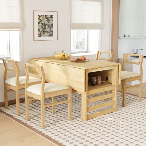 5Pieces 47.2"Extendable Square Dining Table Set Two Drop Leaves 4 Chairs Natural - Picture 2 of 20
