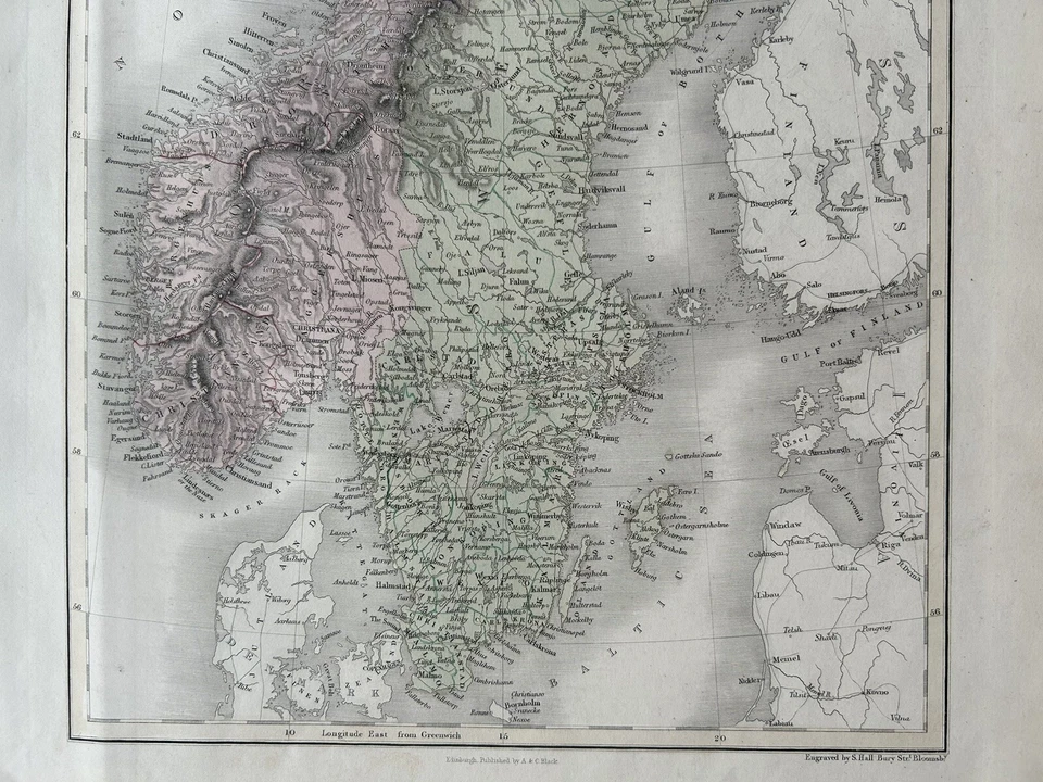 Mapa antiguo original coloreado a mano de Suecia y Noruega de 1851 de Selina Hall Foto 2 de 3