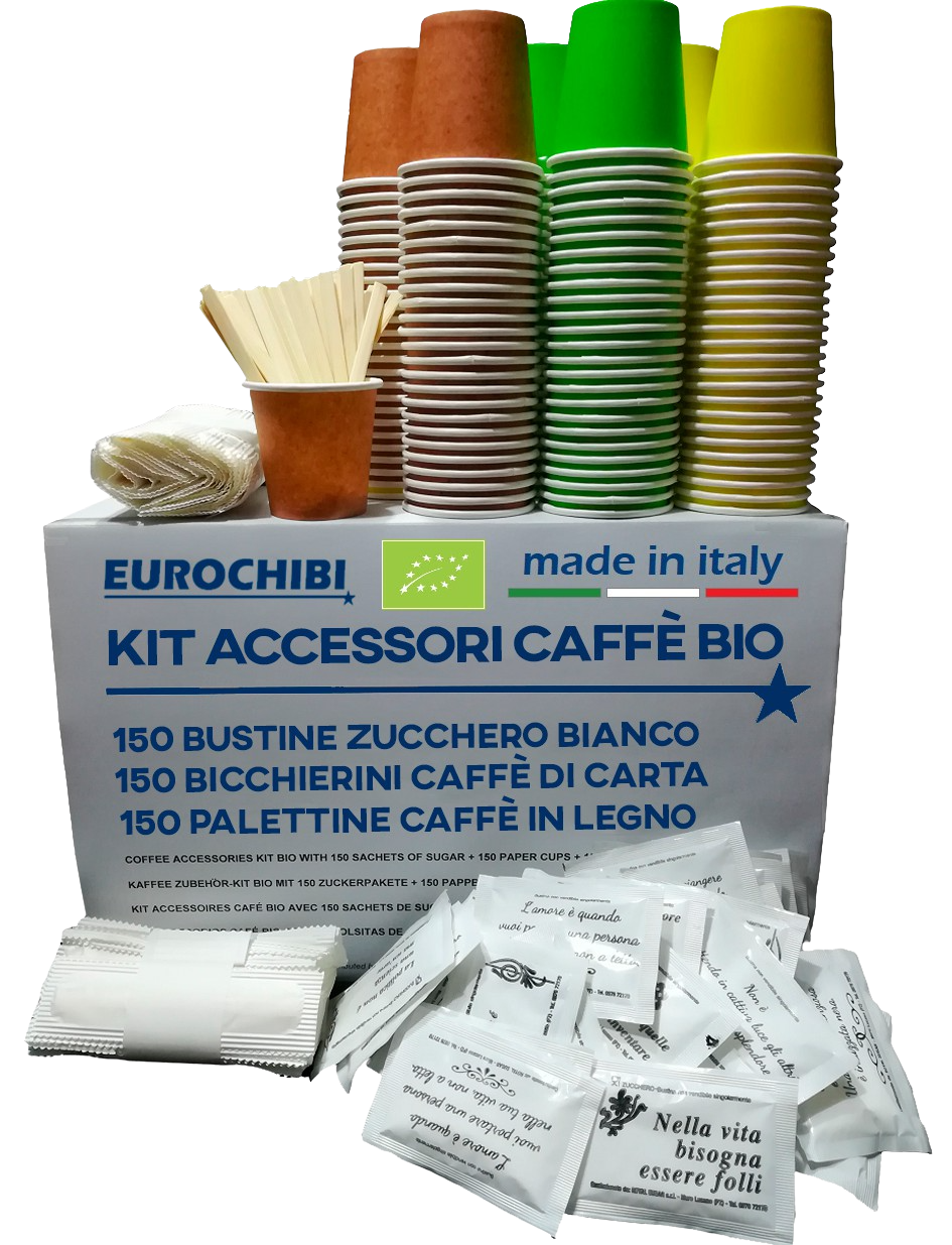 KIT ACCESSORI BIO con 600 BUSTINE DI ZUCCHERO + 600 BICCHIERINI + 600 PALETTINE