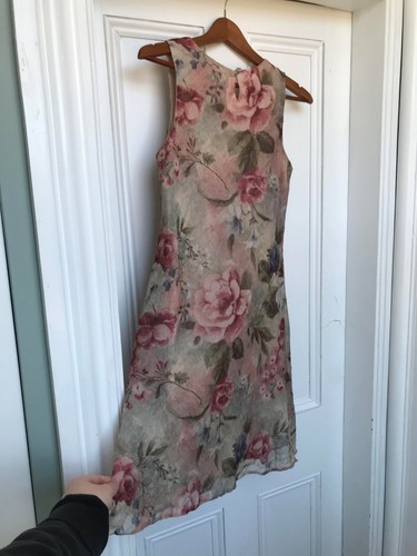 Vintage Colorful Floral Slip Dress Tan Pink Green 90s Y2K Fairy Cottagecore - Picture 2 of 5