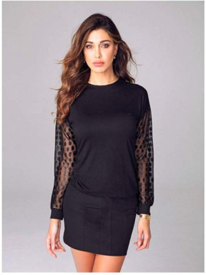 Jadea - Damen Bluse Shirt Ärmel Transparent Elegant Schwarz Gepunktet  Gr. S/M