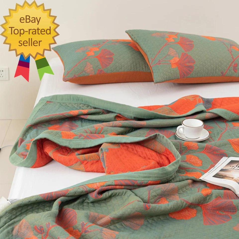 Manta de Muselina 100% Algodón Jacquard Verde Naranja Floral Hojas de Ginkgo Edredón Foto 3 de 4