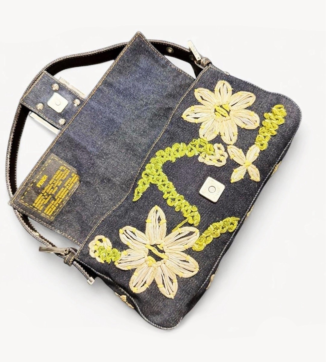 Fendi 2000s Rare Denim Floral Raffia Embroidered Baguette Bag | eBay
