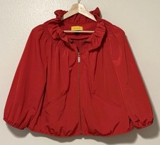 St John Venetian Red Ruffle Collar Lightweight Zip Jacket Size Large Statement