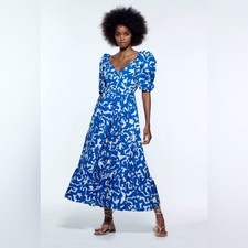 Zara Printed Poplin Dress Blue White Frill Puff Sleeve Maxi / Midi Dress size S