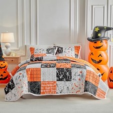 Quilt Set Size Patchwork Style with Skeleton Bone Cobweb Bat Queen Halloween