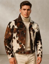Men  s Western Cowhide Jacket, Hair-On Pony Hide, Real Cow Print Leather Coat