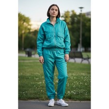 EVR Vintage 100 Silk Tracksuit Teal Green 2 Piece Set Jacket Pants Womens PS