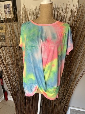Heimish USA Tie Dye Twist Front Top Womens L Pastel Rainbow Tee Polyester Blend