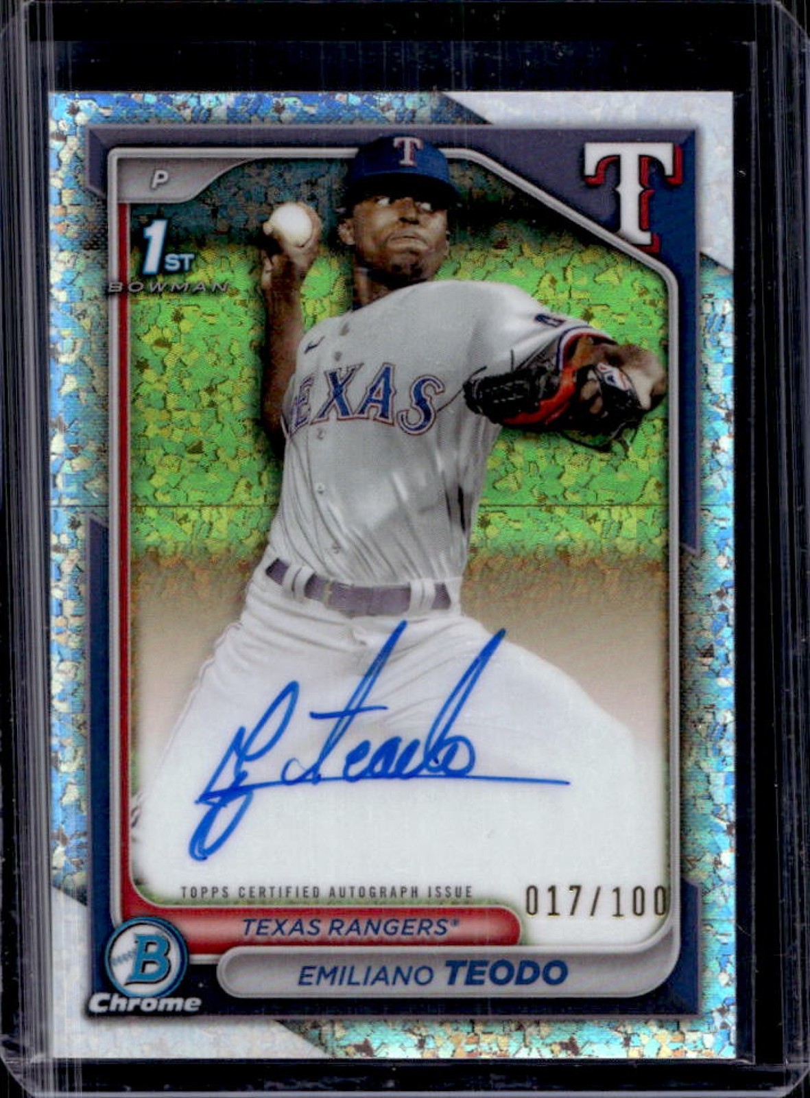 2024 Bowman Chrome Emiliano Teodo Auto Mini Diamond Refractor 1st #/100 Rangers