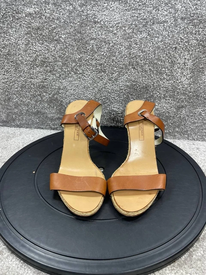 Sandalias Ralph Lauren para mujer talla 9,5 B con tiras de cuero marrón tacón ancho punta abierta Foto 4 de 4