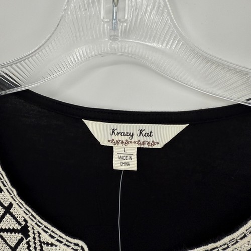 New KRAZY KAT Womens Long Sleeve Embroidered Tunic Size L Black Jersey Stretch - Picture 4 of 8
