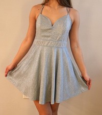 Crystal Doll Silver Blue Glitter Skater Mini Dress Size 11 Homecoming Prom Pocke