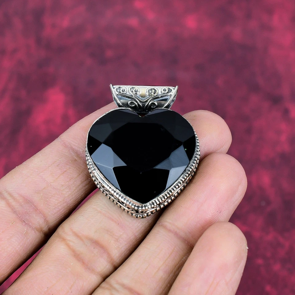 Piedras preciosas de espinela negra hechas a mano de plata de ley 925 colgante joyería regalo para amor Foto 2 de 4