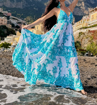ANTICA SARTORIA 2026 AQUA & WHITE ARABASQUE LONG HALTER TOP DRESS NWT OS