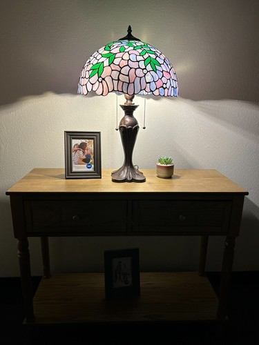 Tiffany Style Table Lamp Purple Stained Glass Green Leaves LED Bulbs 16'W*24"H - 第 3/6 張圖片