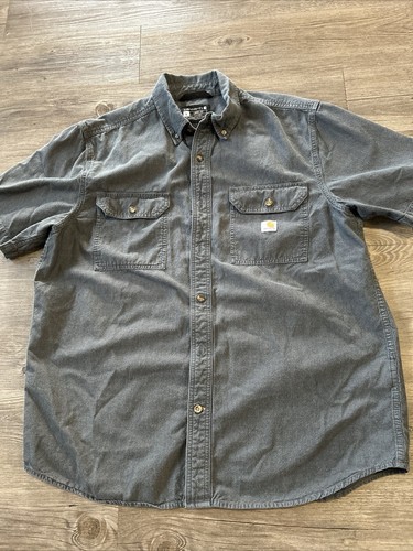 Carhartt S162 Work Shirt Short Sleeve Ripstop Mens L Gray Button Up Loose Fit