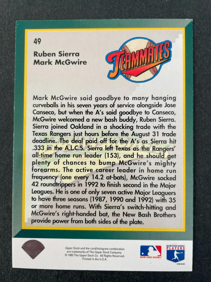 Mark McGWIRE 1993 Upper Deck Baseball Bash Brothers #49 Oakland Athletics - Image 2 of 2