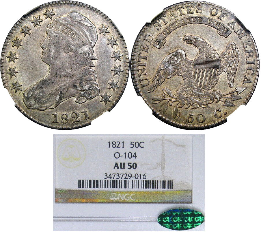 1821 50C NGC / CAC AU50 O104 CAPPED BUST BEAUTIFUL ORIGINAL SURFACES
