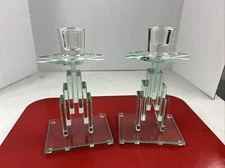 VTG Cut Stacked Glass Candle Holders Art Modern Retro Crystal Heavywt Green 7.5