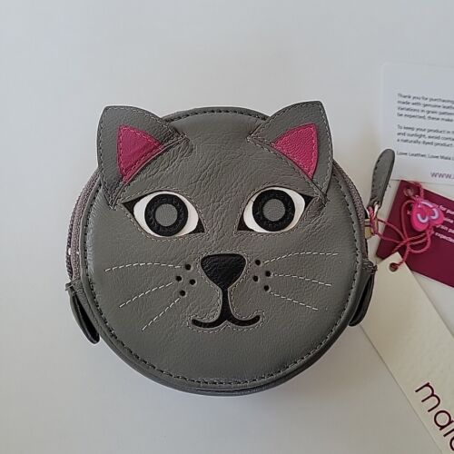 Mala Leather Cat Purse Gray Cat Face Round Small Coin Card Holder Ladies Zipper