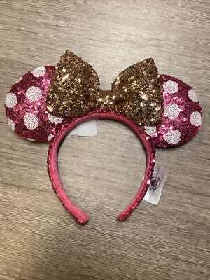 Sequin Pink Polka Dot Minnie Ears Headband with Gold Bow Disney Parks Minnie Hot Pink Sequin & White Polka Dot Gold  main image 2