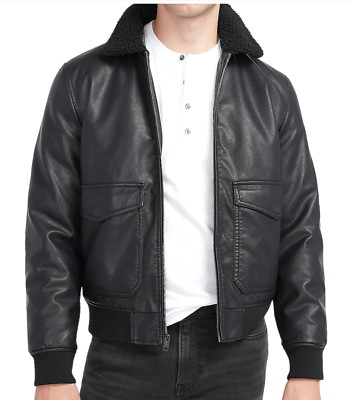 NEW EXPRESS BLACK SHERPA COLLAR VEGAN LEATHER BOMBER JACKET SIZE