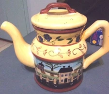 VINTAGE Young's Inc. Ceramic 7" Yellow Teapot with rural/flower outdoor scene